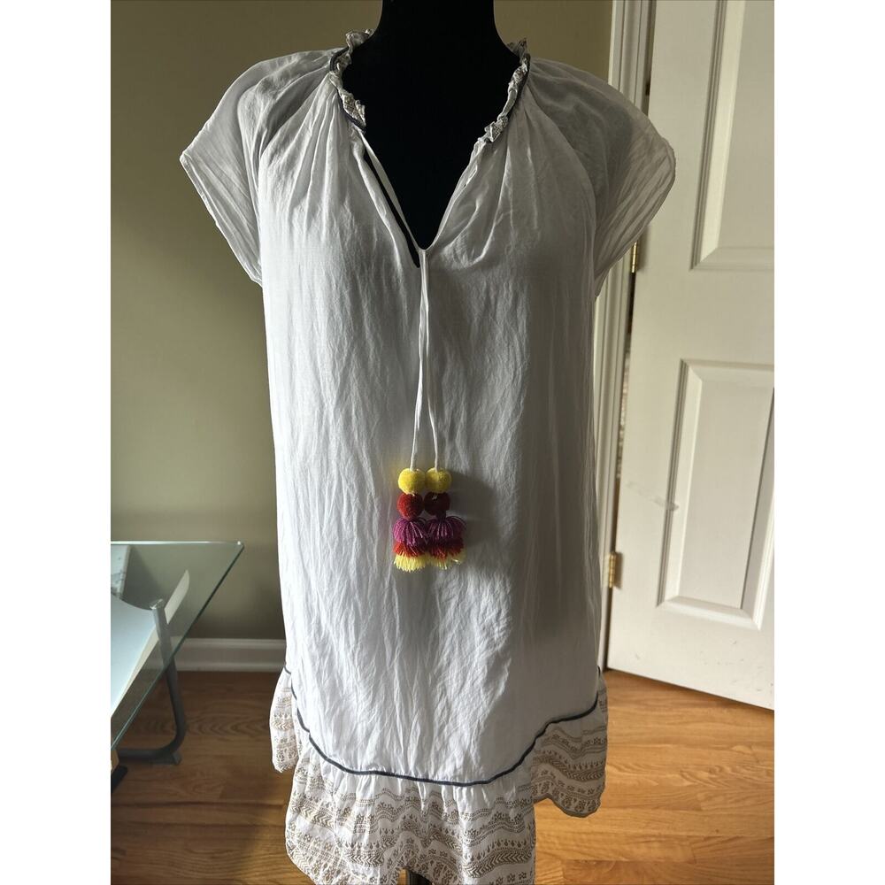 Vineyard Vines White Cotton Dress Tie Front With Color Tassels Ruffle Hem Small